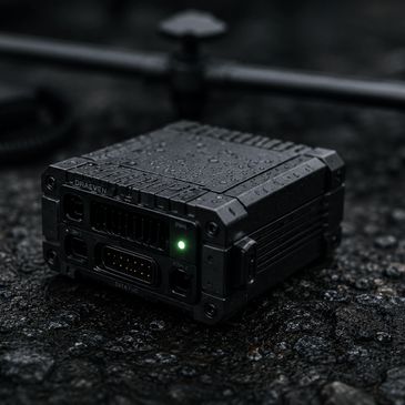 Black electronic device with a glowing green light on a wet surface.