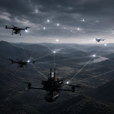 Drones connected by a digital network flying over mountainous terrain at dusk.