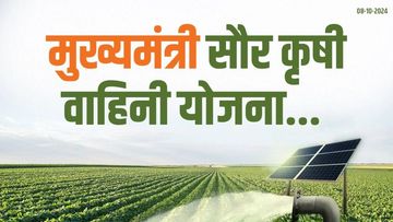 मुख्यमंत्री सौर कृषि वाहन योजना का पोस्टर, खेत में सौर ऊर्जा से सिंचाई दिखा रहा है।