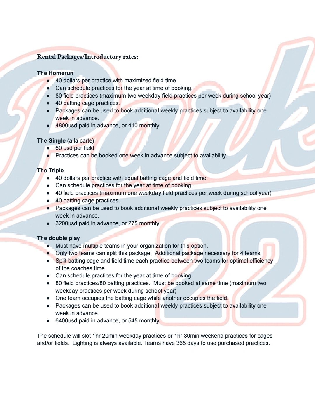 Baseball practice rental packages with various pricing and scheduling options.