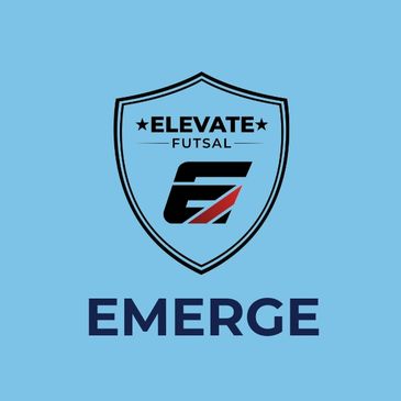 Logo of Elevate Futsal with the word EMERGE below it on a blue background.