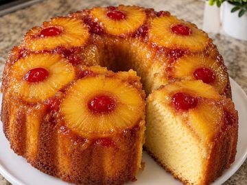 Pineapple upside-down cake with cherries.