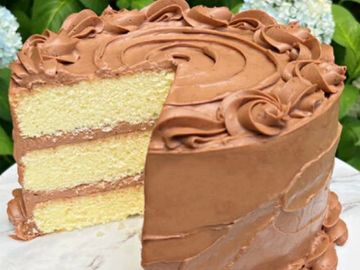 A three-layer vanilla cake with chocolate frosting.