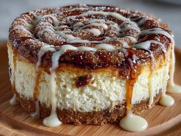Decadent cinnamon roll cheesecake with icing drizzle.
