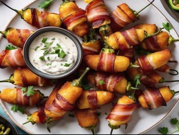 Bacon-wrapped jalapeño poppers with dipping sauce.