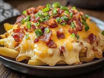 Cheesy bacon loaded fries with green onions.