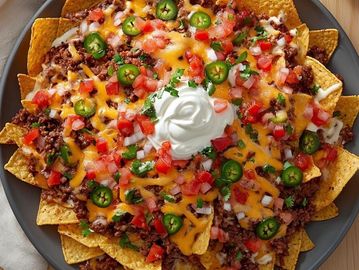 A plate of loaded nachos with cheese, jalapeños, and sour cream.