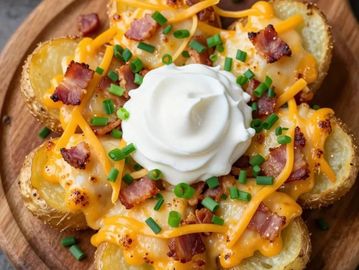 Loaded potato skins topped with cheese, bacon, chives, and sour cream.