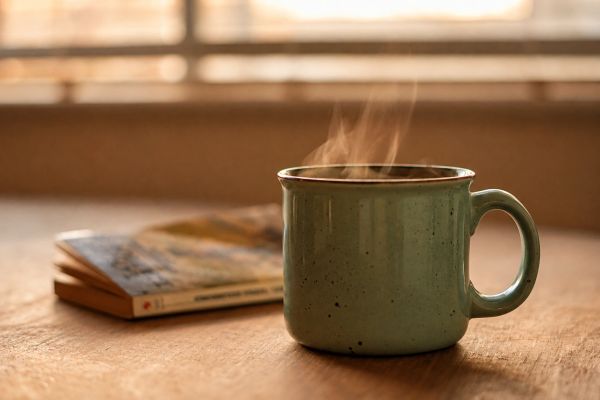 Steaming cup on table with book in background.