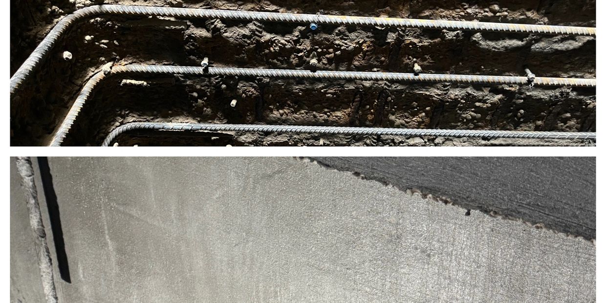Top image shows exposed rebar embedded in soil; bottom image shows a smooth finished concrete surface.