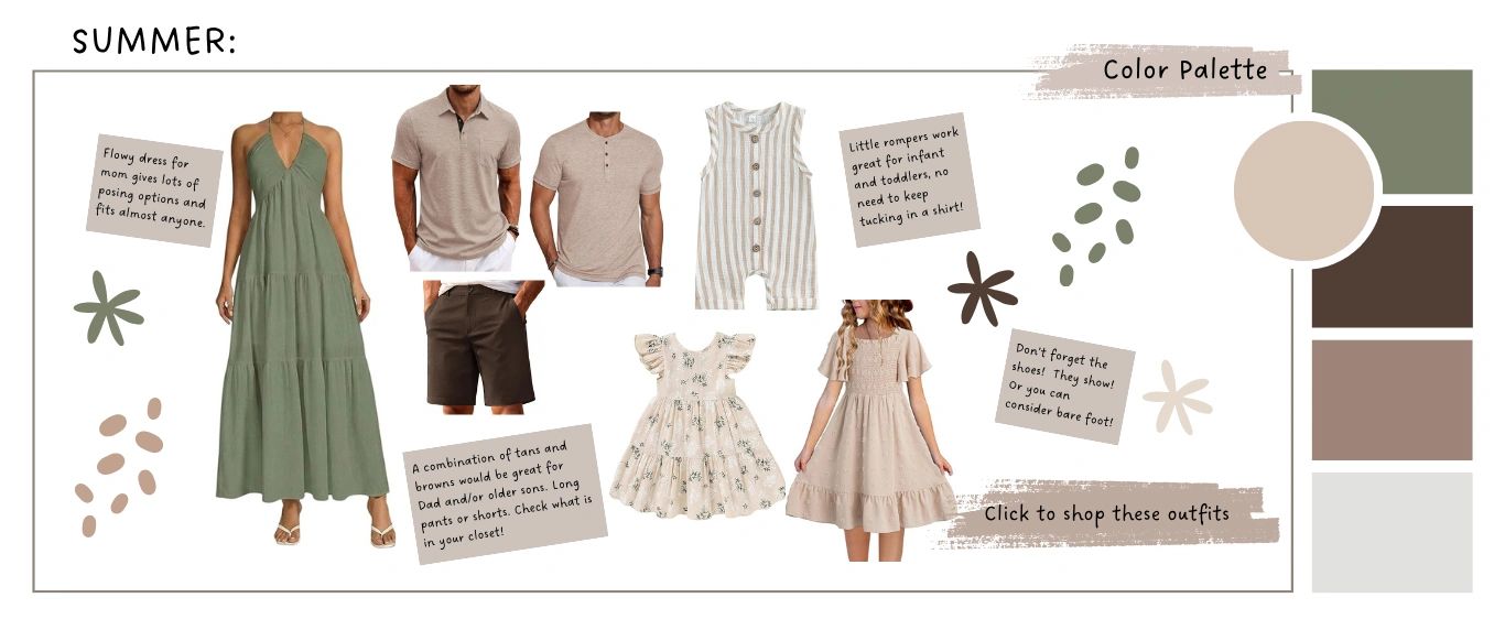 Summer outfit ideas with neutral tones and flowy styles for the whole family.