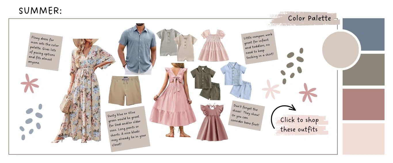 Summer family outfits with soft, dusty blues, olives, pinks, and neutrals for all ages.