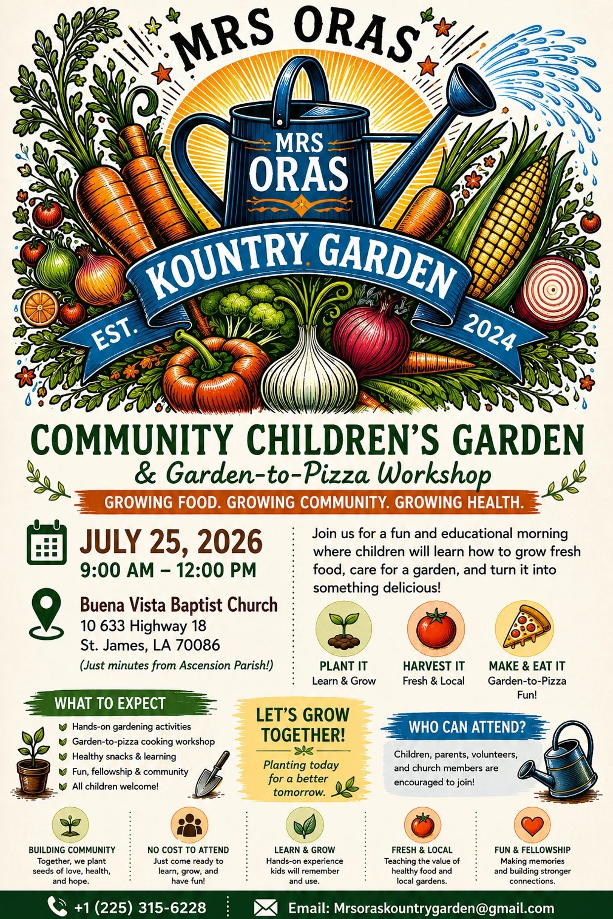 Community children's garden and pizza workshop event flyer.