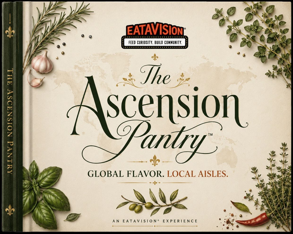 The Ascension Pantry cookbook cover with herbs and spices.