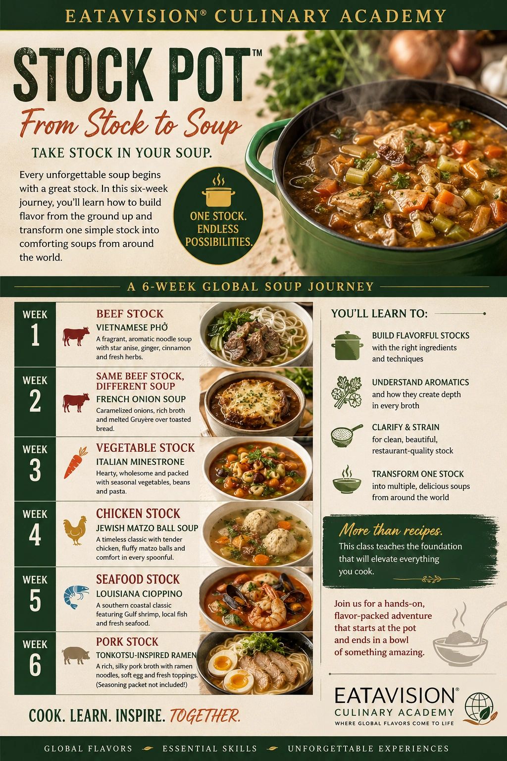 EatAVision Culinary Academy Stock Pot 6-week soup journey with different stocks.