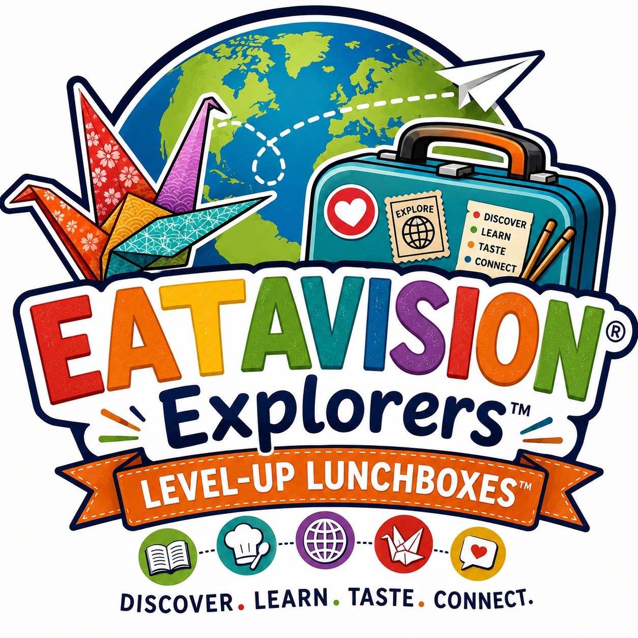 Colorful Eatavision Explorers logo with travel and learning icons.