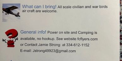 $25 Landing Fee
Registration Starts at 8 am

What can you bring?  All scale civilian and war birds a