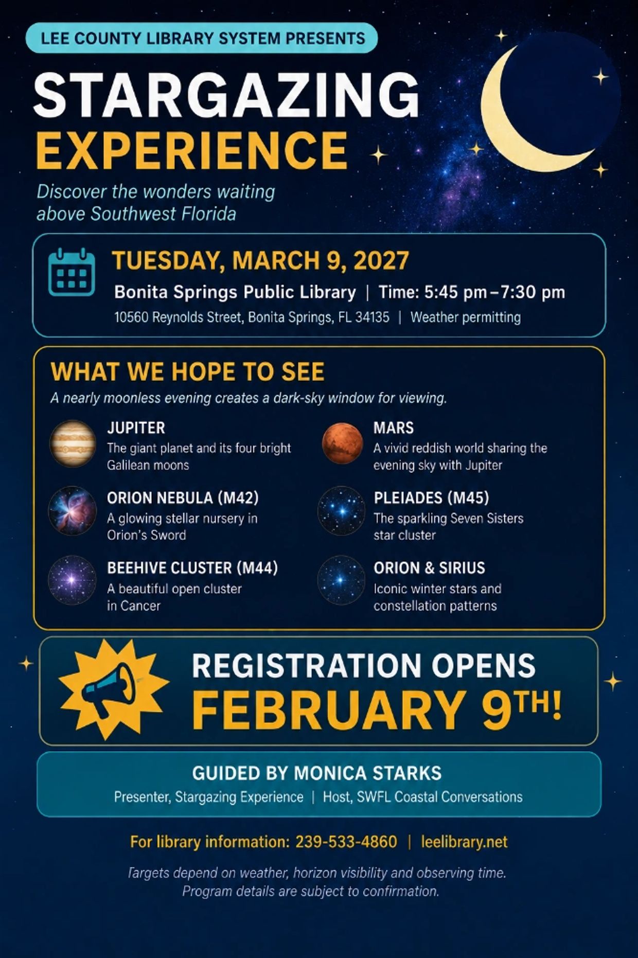 Stargazing event at Bonita Springs Public Library on March 9, 2027.
