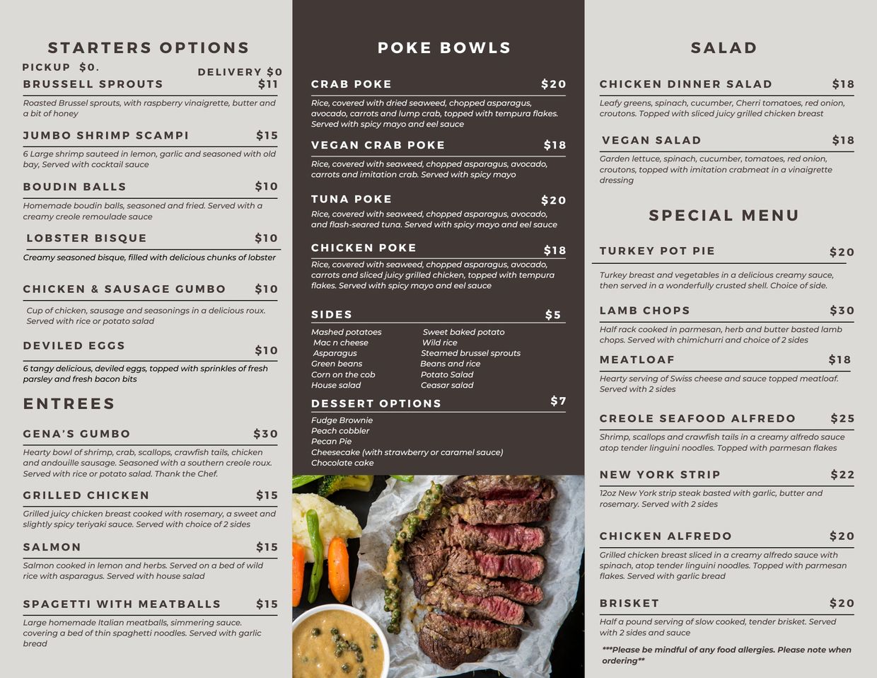 Restaurant menu with starters, poke bowls, salads, entrees, and special dishes.