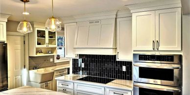  modern farmhouse kitchen black subway tile crown molding  quartz countertops