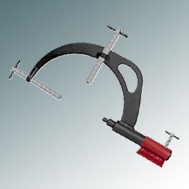 High-precision micrometer with T-shaped handles and a red adjustment knob.