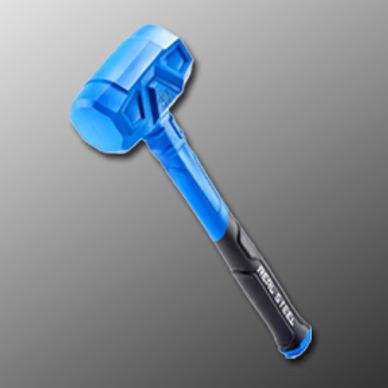 Blue and black rubber mallet with ergonomic handle.