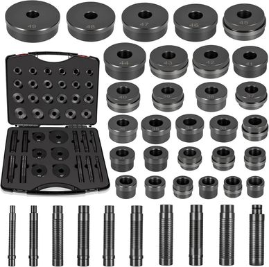 Comprehensive kit of black cylindrical tools and adapters organized in a case.