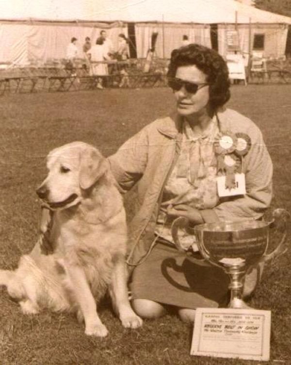 Woman with a golden retriever and a large trophy at a dog show.