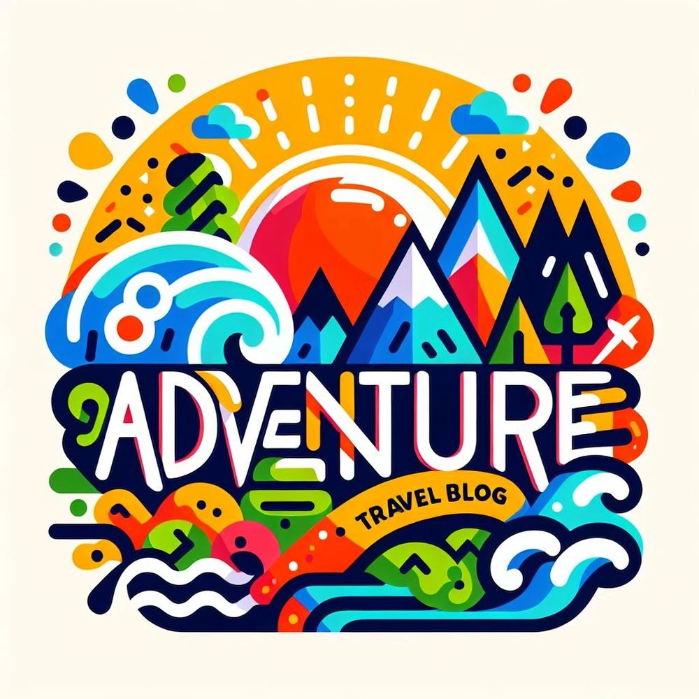 Colorful graphic design with mountains, waves, and sun, featuring the word 'Adventure' and 'Travel Blog'.