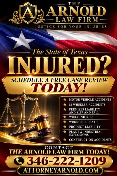 Law firm advertisement for injury cases in Texas with contact details.