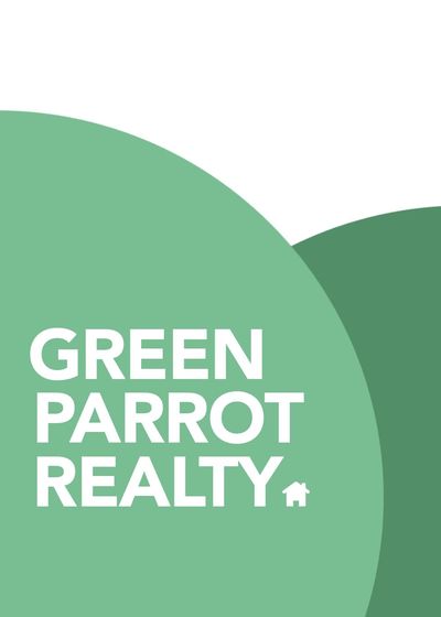 "Green Parrot Realty" written in capital letters with a house icon set against two green shapes.