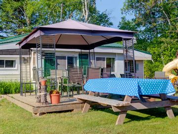 Backyard patio with canopy and picnic table.