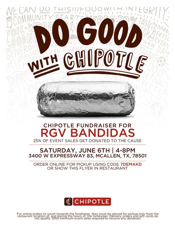 Fundraiser with Chipotle for RGV Bandidas, June 6th in McAllen, TX.