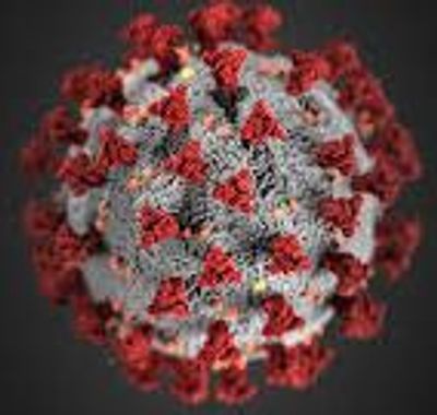 Close-up illustration of the COVID-19 virus with spike proteins.
