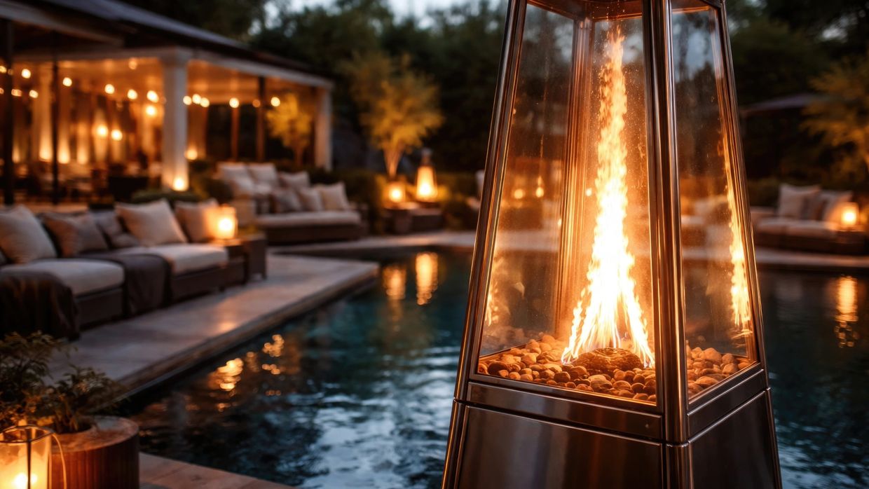 Outdoor pool area with fire pit and cozy seating at dusk.