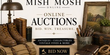Advertisement for Mish Mosh Online Auctions featuring antiques and vintage items.
