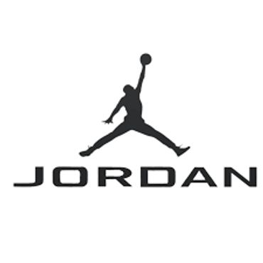 Silhouette of a basketball player jumping with a ball above the word JORDAN.