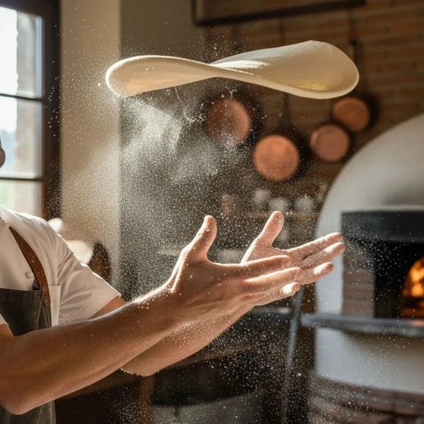 A chef tossing pizza dough.
