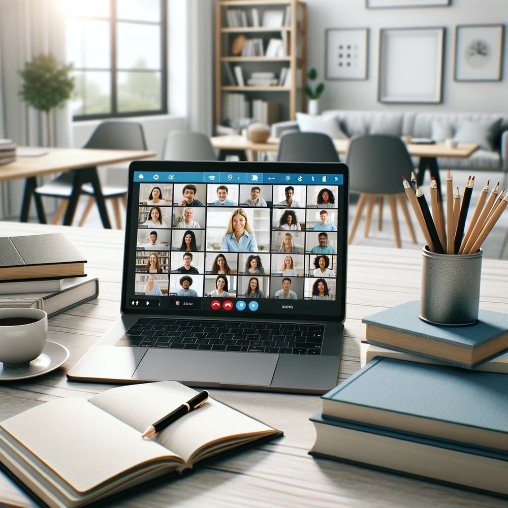 Computer on table with a group Zoom call on screen