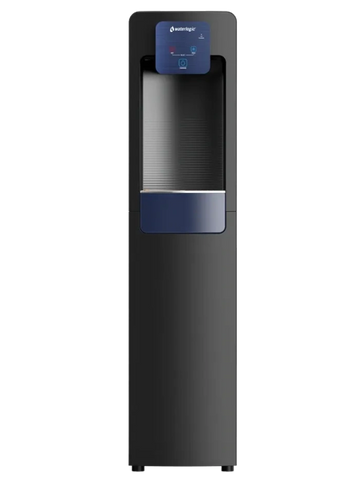 Sleek black water dispenser with digital control panel.