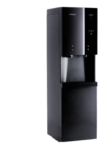 Sleek black water dispenser with dual taps and digital controls.