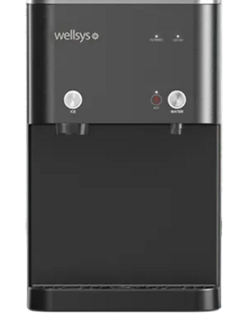 A sleek Wellsys water dispenser with hot and cold water options.