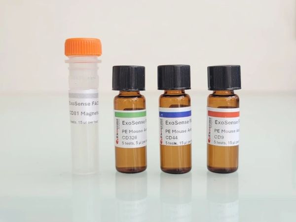 Four laboratory reagent vials, one with an orange cap and three amber-colored with black caps.