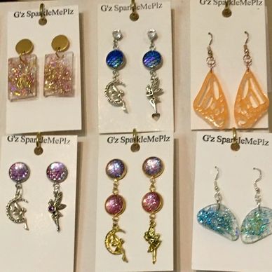 sample earrings made with fairy hair - resin, wings, fairies