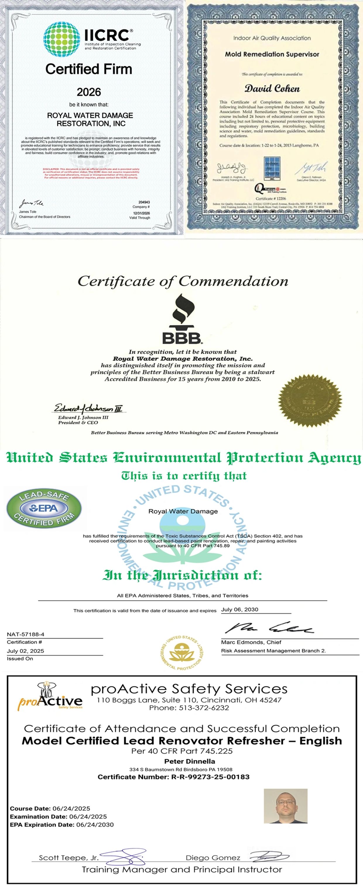 Royal Water Damage Certificates 