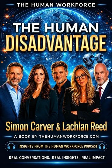 Cover of 'The Human Disadvantage' book featuring five authors and futuristic robotic imagery.