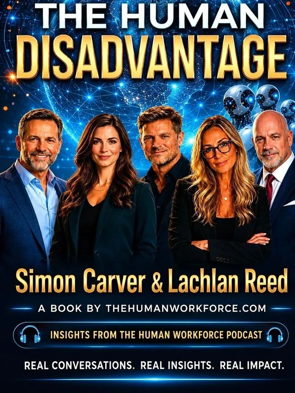 Cover of 'The Human Disadvantage' book featuring five authors and futuristic robotic imagery.