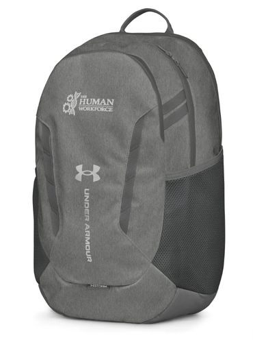 Gray Under Armour backpack with Human Workforce logo and mesh side pockets.