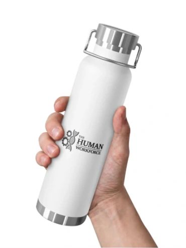 Hand holding a white water bottle with a logo.