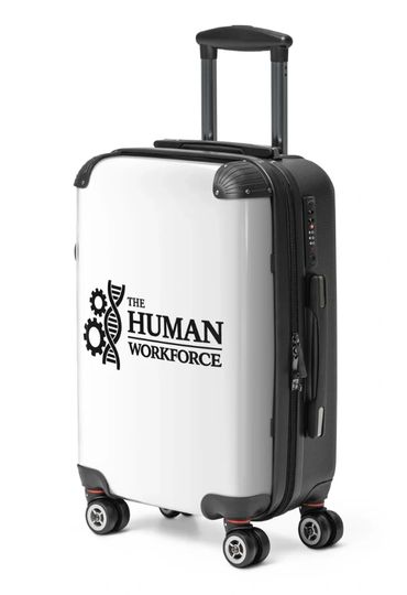 White suitcase with black text and design on front.